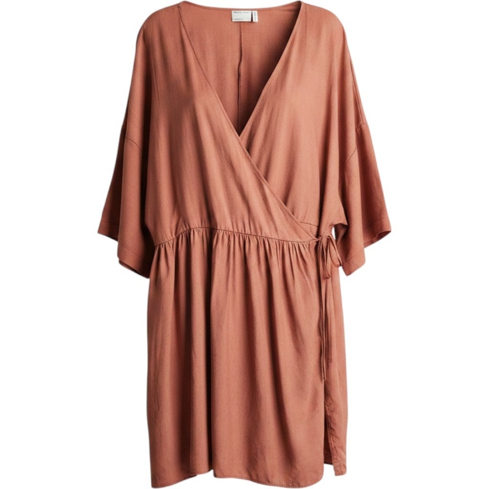 ASOS DESIGN Boho Terracotta Wrap Side Tie Linen Blend Chic Preppy Mini Dress 26